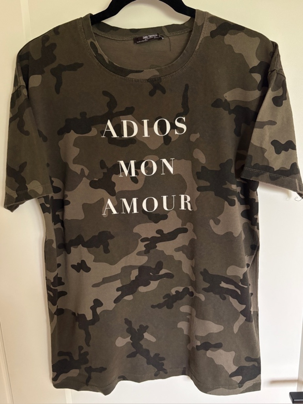 Zara Olive Green Camo 'Adios Mon Amour' Short Sleeve Tee